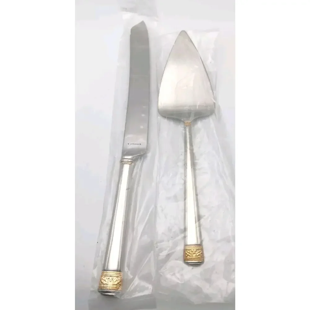 Gorham Festive Holly Gold Accent Knife, Cake Server Set 18/10 Stainless Flatware